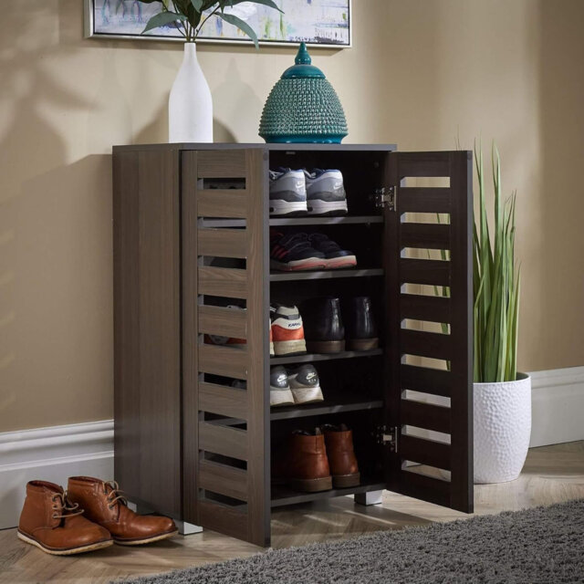 2 Door Wooden Shoe Storage Cabinet Rack Stand Slatted Cupboard,  Brown