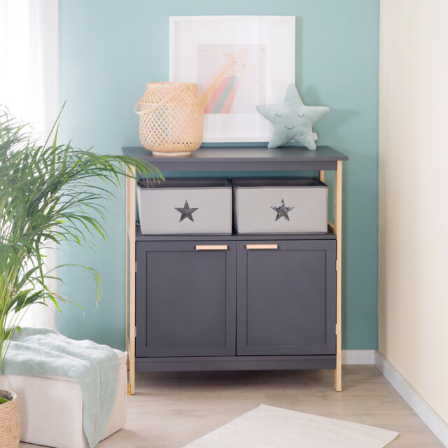 Berlin Unit Including Removable with Doors and Fabric Boxes, Handles and Frame Made of Bamboo Wood - Anthracite Changing Table