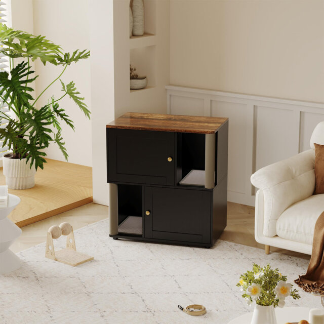 Double Layer Wooden Cat Litter Box Enclosure with Hidden Cabinet, Integrated Scrapeing Post & Litter Mat, Stylish Cat Washroom Furniture, Fits Most Li