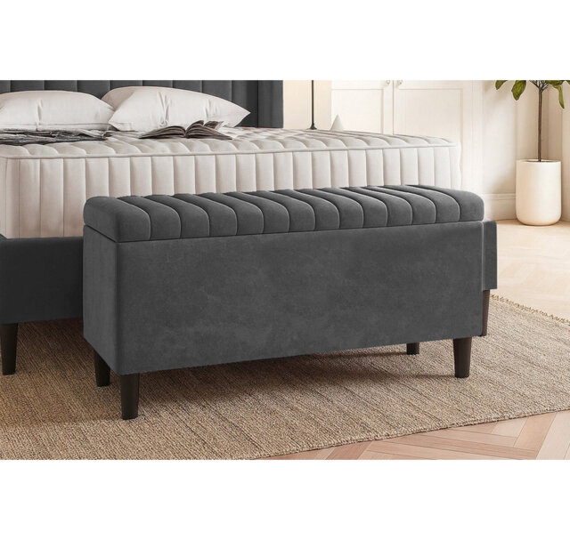 Plush Velvet Lined Upholstered Ottoman Storage Box with Wooden Legs