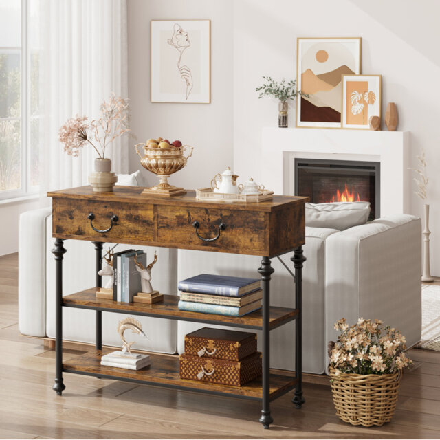 Console Table with 2 Drawers and 3 Tier Shelves, Hallway Table Home Furniture for Living Room, Foyer, Bedroom