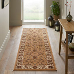 Beige Traditional Bordered Floral Rug, Stain Resistant Area Rug For Bedroom, & Dining Room