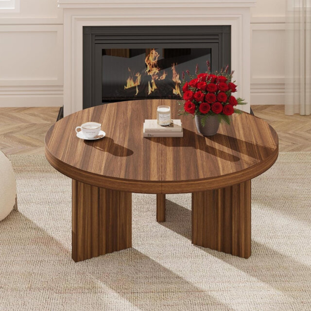 "33.5"" Round Coffee Table, Circle Center Table with Fluted Legs & 1.3"" Thick Top, Accent Cocktail Tables for Living Room, Bedroom, Easy Assembly"
