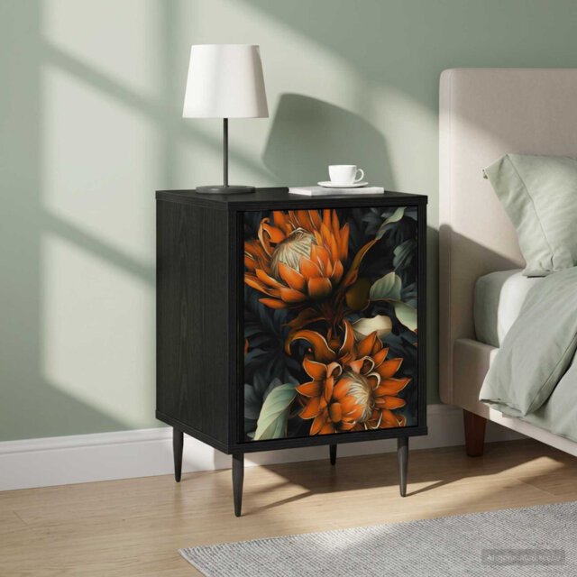 Bedside Cabinet Black Oak Engineered Wood Nightstand Bedroom Furniture