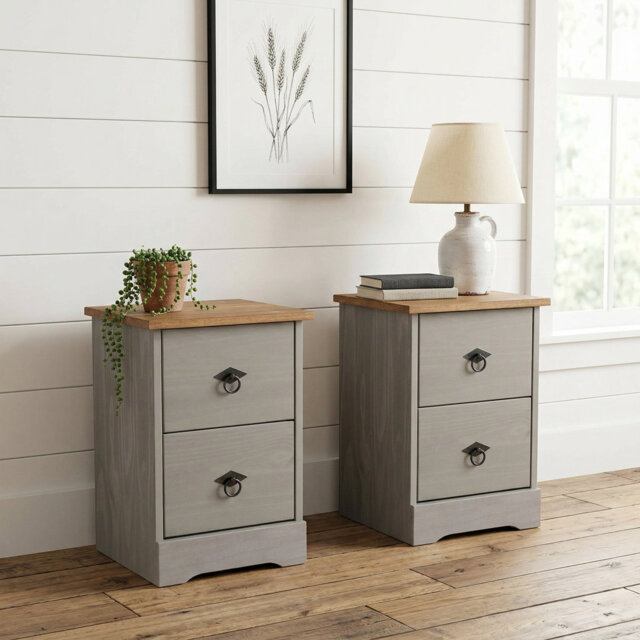 Set of 2 Corona Grey Modern 2-Drawer Bedside Cabinets Petite