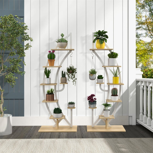 8-Tier Plant Stand, Curved Half Moon Shape Ladder Flowers Shelf With Hook, Indoor Metal Frame Creative Flower Pot Rack For Living Room, Bedroom And En