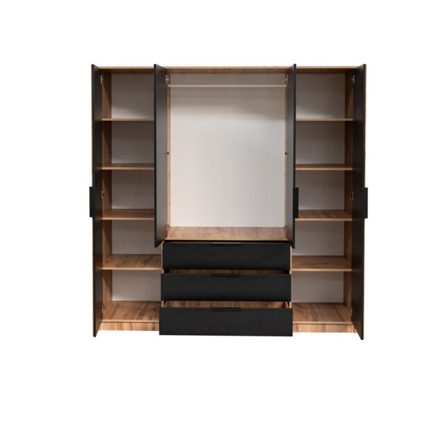 Biser Lux 4-Door Wardrobe - Oak Wotan & Black Matt with Mirror and Lamella Detailing
