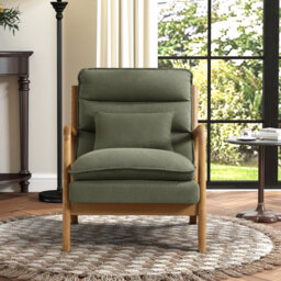 Linen Armchair with Lumbar Pillow, Solid Wood Frame Accent Chair, Cosy Reading Chair for Living Room