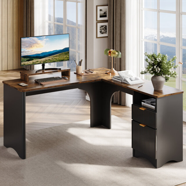 140cm L-Shaped Executive Computer Desk With File&storage Drawers,Home Office Writing Desk With Monitor Stand
