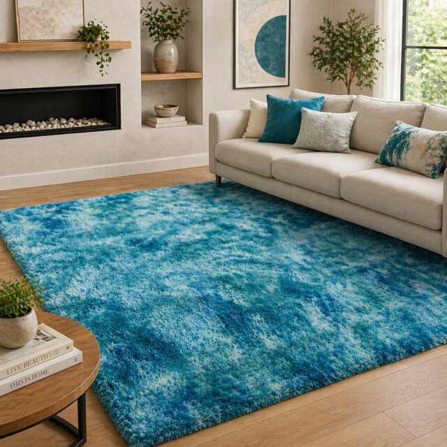 Aspire Homeware Blue Abstract Shaggy Area Rug Soft Modern Indoor Carpet