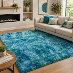 Aspire Homeware Blue Abstract Shaggy Area Rug Soft Modern Indoor Carpet