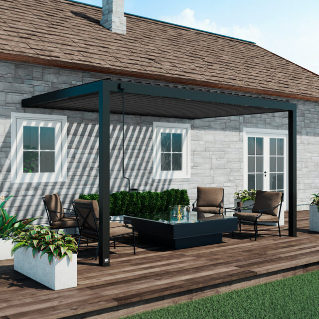 Backyard Discovery Evanston Wall Mounted Louvered Steel Outdoor Patio Pergola With Powerport 4.3m X 3m (14ft X 10ft)