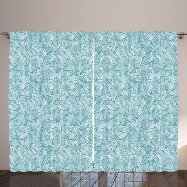 Rustic curtain, outline lily flowers, floral pattern, seafoam light blue