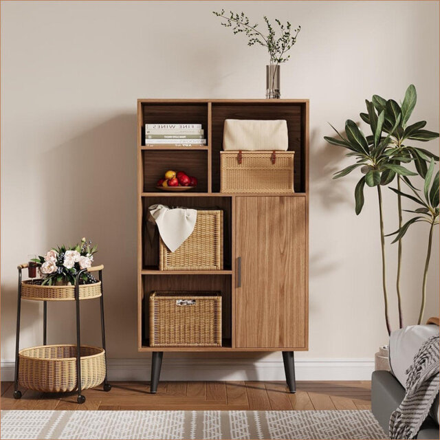 5 Freestanding Cube Shelf, 4-Tier Open Bookshelf with Legs, Walnut Bookcase Retro Wood Bookshelves Storage Organizer Shelf, Storage Organizer for Livi