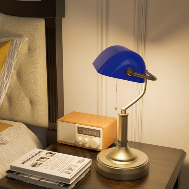 Banker's Table Lamp Desk Lamp With Antique Bronze Tone Base, Glass Shade And Pull Rope Switch For Home Office, Living Room, Bedroom, Dining Room