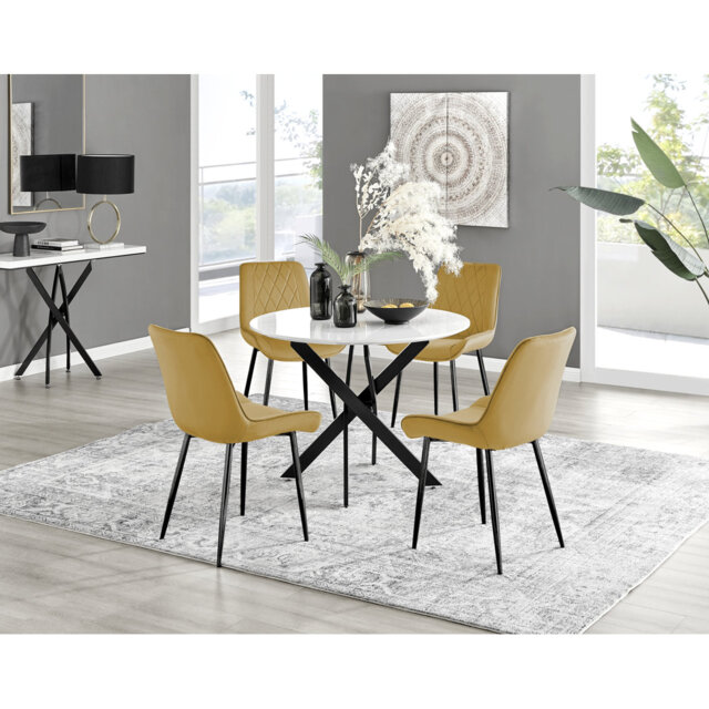 Tierra Modern Metal & Glass Round Dining Table Set with 4 Luxury Dining Chairs