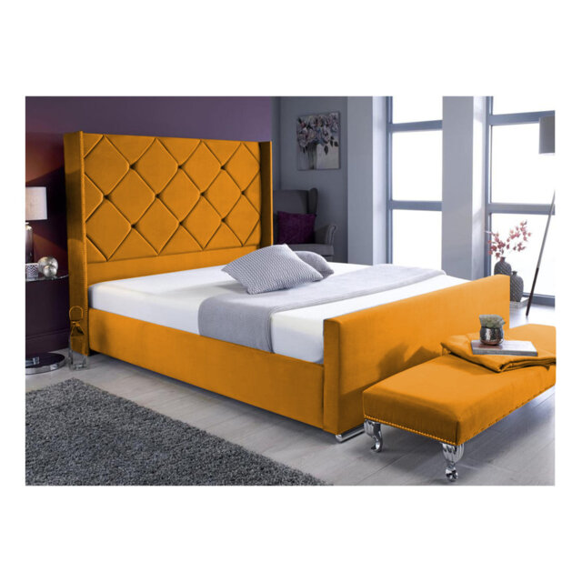Descanso Chesterfield Velvet Upholstered Bed Frame - Buttoned Headboard, Chrome Feet