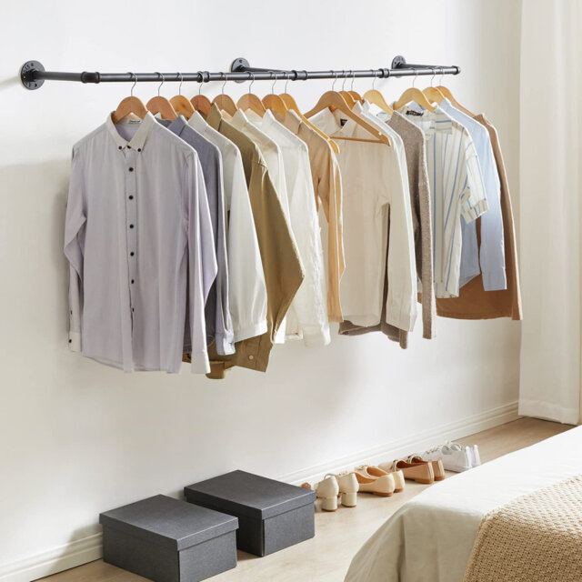 70 Inch Industrial Pipe Clothes Rack, Wall Mounted Garment Hanging Storage Rail with Triple Base