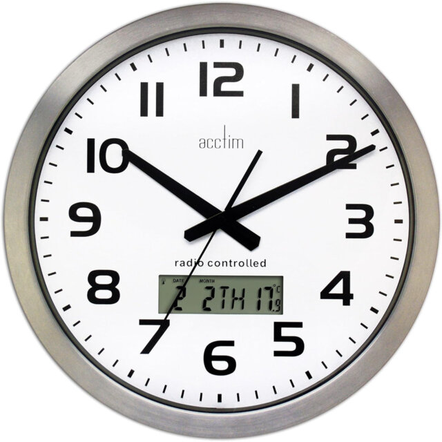 Acctim Meridian Wall Clock Radio Controlled Spun Aluminium Synchronised LCD Display Date & Thermometer 38cm