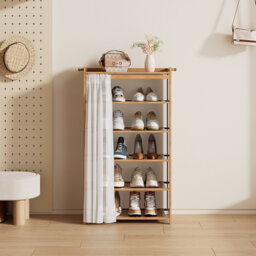 5-Tier Freestanding Bamboo Shoe Rack with Curtain for Entryway Organization