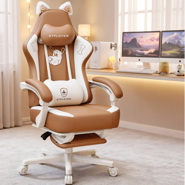 Gaming Chair Fabric, High Back Computer Chairs With Footrest For Adults Ergonomic Lumbar Support Height Adjustable Swivel PC Chair With Cat Ears
