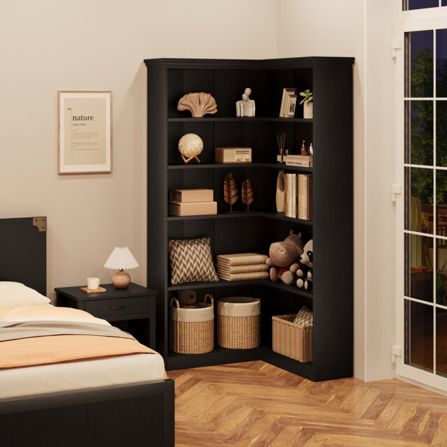 L-Shaped 5-Tier Corner Bookshelf – Tall Wooden Office Bookcase – Large Storage & Display Shelf – Space-Saving Rustic Black with Full Back Panel – Easy