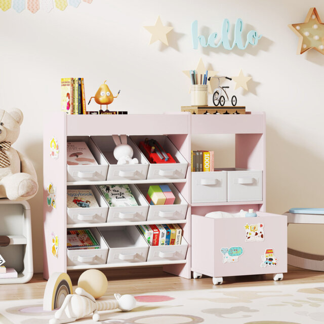 AIYAPLAY Kids Toy Storage Unit, Toy Box Organiser, 11 Fabric Bins, Pink