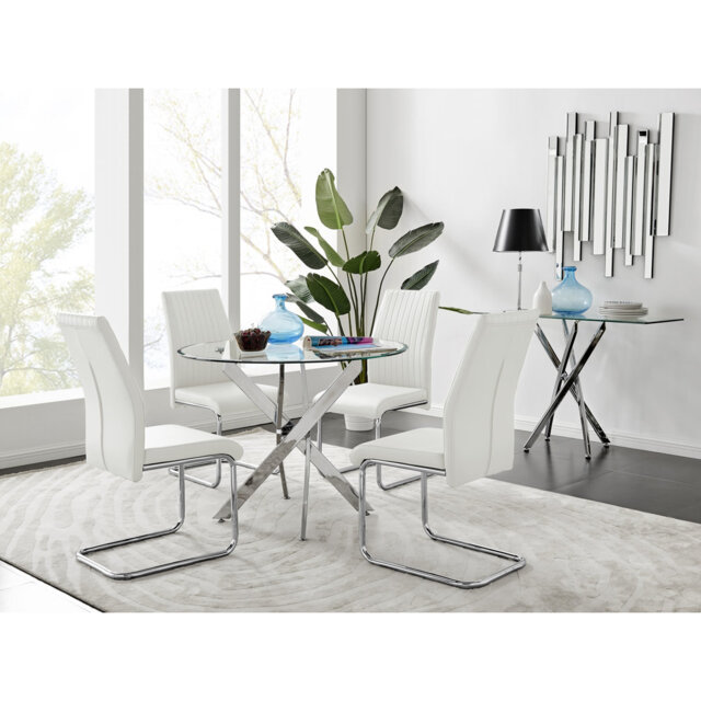 Tierra Modern Chrome Metal & Glass Round Dining Table Set with 4 Upholstered Faux Leather Chairs