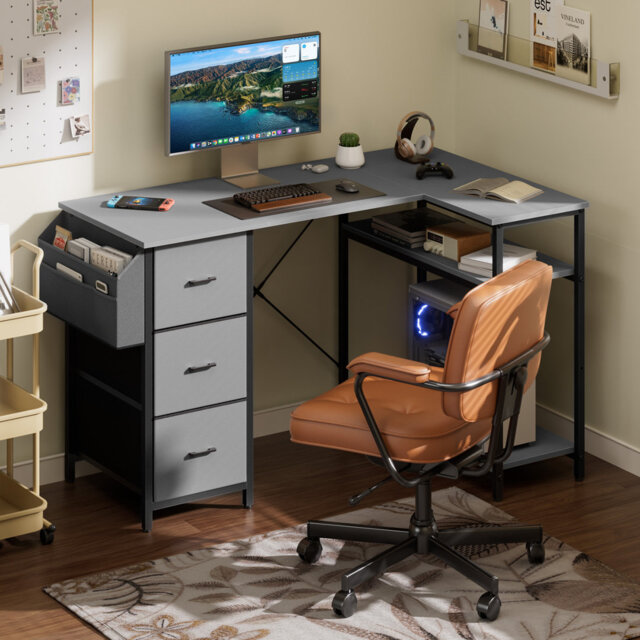 L-Shaped Computer Desk with Storage Bag & 3 Fabric Drawers, Modern Home Office Corner Desk with Storage Shelves, Space-Saving Workstation for Bedroom,