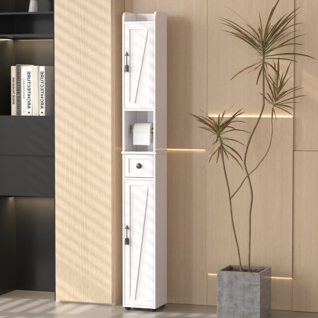 Tall Bathroom Cabinet with Toilet Paper Holder and 2 Magnetic Door, Slim Freestanding Bathroom Storage Cabinet with Adjustable Shelves and Drawers, Wh