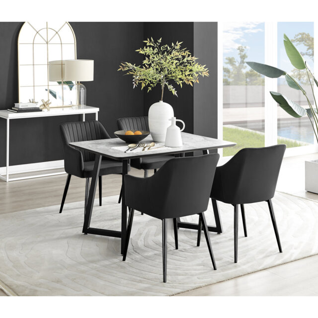 Industrial Design White & Grey Marble Effect Melamine Dining Table Set with 4 Velvet Dining Chairs