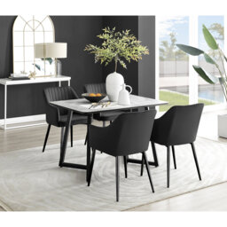 Industrial Design White & Grey Marble Effect Melamine Dining Table Set with 4 Velvet Dining Chairs