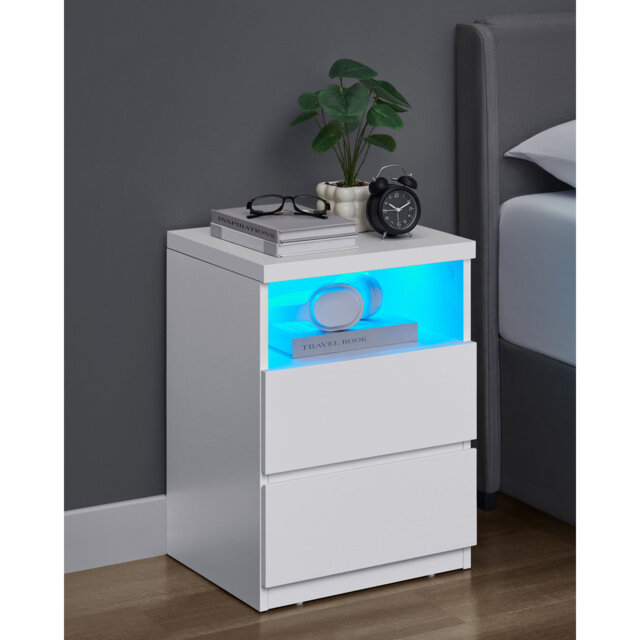Nightstand With Adjustable Led Light, Bedside Table With Drawers, Side Table, For Bedroom, Living Room, Modern Minimalist Style, White