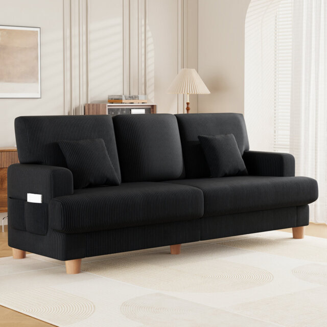 220cm Corduroy Sofa with 3 Seats, No Tool Assembly,Solid Wood Frame and Solid Wood Legs