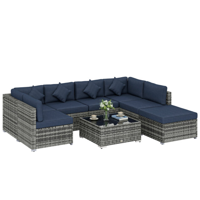 Outsunny 8 Pieces PE Rattan Corner Sofa Set Garden Furniture Set Dark Blue