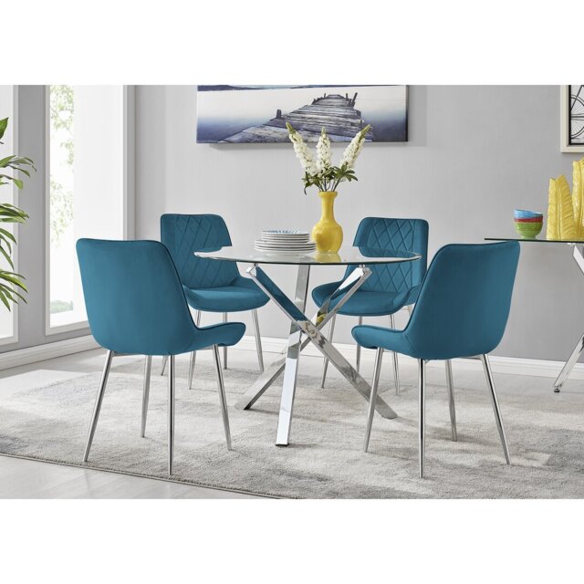 Seline Modern Round Dining Table Set in Glass and Chrome with 4 Luxury Velvet Leather Chairs
