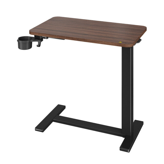 Adjustable Overbed Table with Pneumatic Height Lift - Rolling Bedside Laptop Desk with Cup Holder - Sturdy Steel Frame, Wood Top - Hospital & Home Car