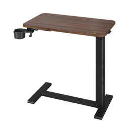 Adjustable Overbed Table with Pneumatic Height Lift - Rolling Bedside Laptop Desk with Cup Holder - Sturdy Steel Frame, Wood Top - Hospital & Home Car