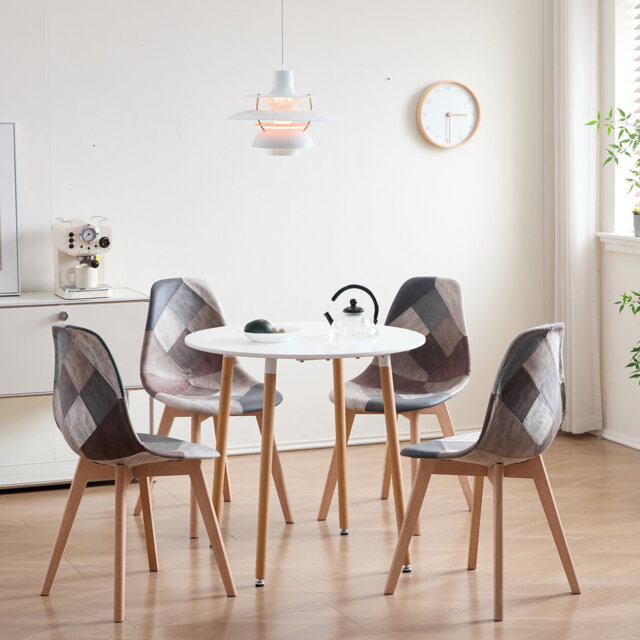40.5cm Patchwork Linen Nordic style Dining Chairs with Solid Wood Legs