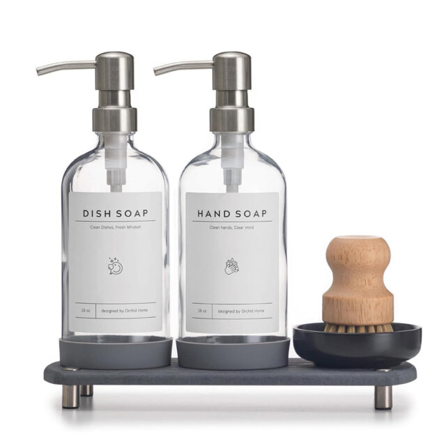 16oz Clear Glass Kitchen Soap Dispenser Set - Stainless Steel Pump, Dry Tray & Accessories - Labels, Silicone Pad & Dish Brush