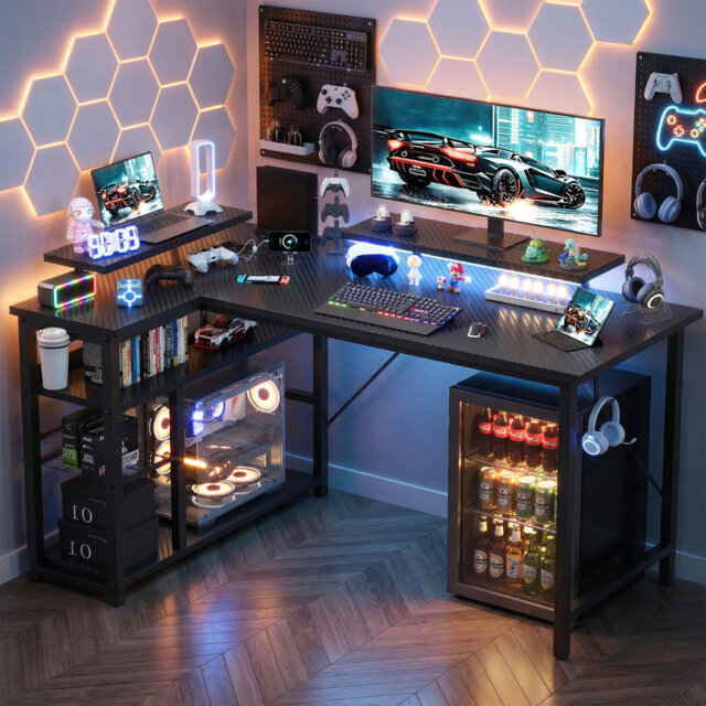 L-shaped Computer Desk with Power Outlet, Gaming Desk with Monitor Stand and Shelves