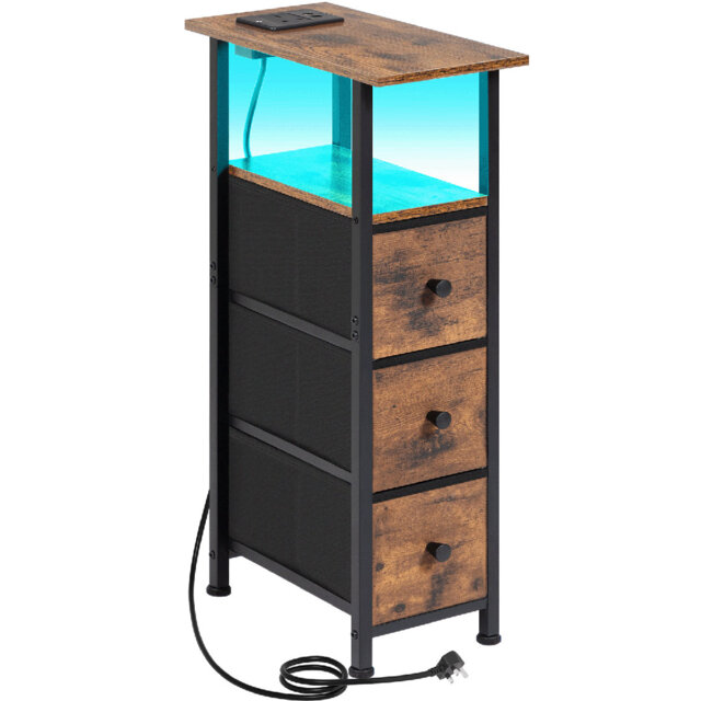 LED Narrow Side Tables, Slim End Table with 3 Fabric Drawer and Charging Station