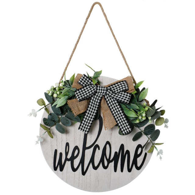 Rustic Round Easter Wreath, White Wooden Welcome Sign, Spring Porch Door Decor Ornament.