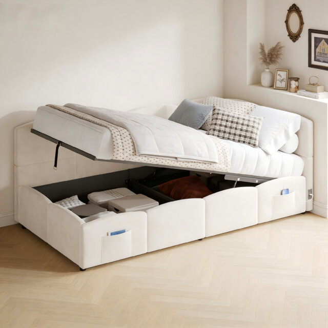 3ft Single Upholstered Sofa Bed 90x190cm Daybed With Hydraulic Storage, Usb Charging, Boucle Fabric Beige – Slatted Frame, Mattress Not Included