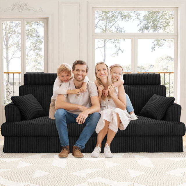 Modern Oversized 261Cm Sectional L-Shaped Corduroy Compression Sofa With Storage Pockets