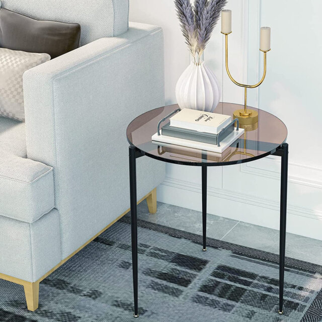 Small Round Glass Side Table Modern Accent Tables Circle Shaped Diameter 50Cm Slim Nightstands Gray Tinted Tempered Glass Top With Black Metal Frame F