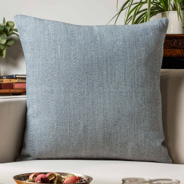 Faux Wool Linen Blend Herringbone Cushion in Navy Blue