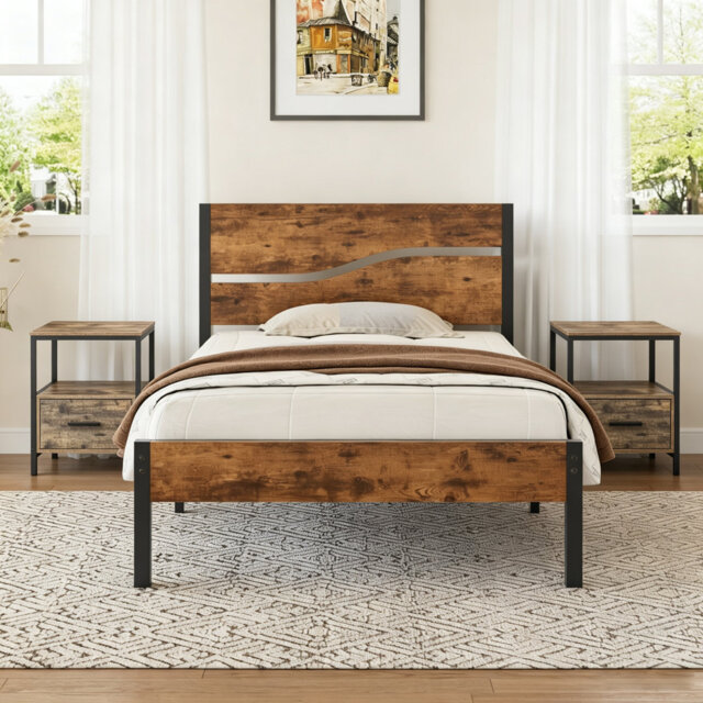 3 Piece Bedroom Set, Industrial Bed Frame with 2 Nightstands Set, Metal Platform Bed with Wood Headboard & Footboard, Farmhouse Bedroom Furniture Set