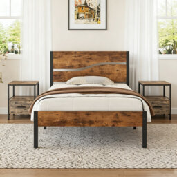 3 Piece Bedroom Set, Industrial Bed Frame with 2 Nightstands Set, Metal Platform Bed with Wood Headboard & Footboard, Farmhouse Bedroom Furniture Set