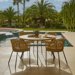 4 Seater Round Wooden Garden Dining Set with 4 Rope Chairs